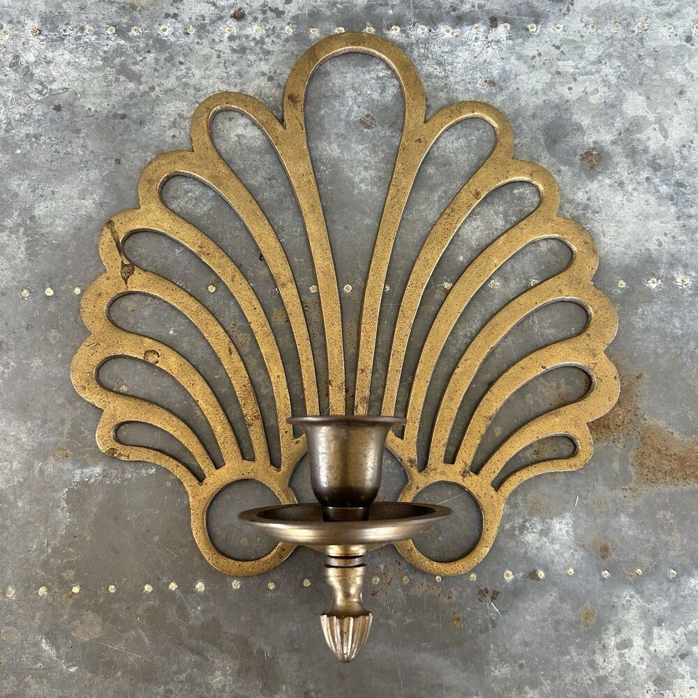 Vintage Brass Shell Fan Wall Candle Sconce Hollywood Regency